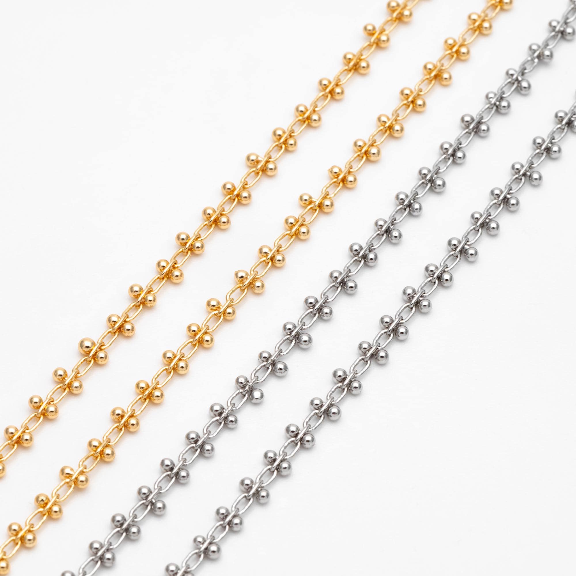 Gold/ Silver Tone Beaded Cable Chains 3.3mm, 18K Gold/ Rhodium plated Brass, Quality Specialty Chain Wholesale (#LK-237)/ 1 Meter=3.3 ft